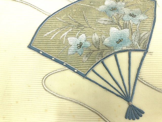 JAPANESE KIMONO / ANTIQUE SUMMER NAGOYA OBI / EMBROIDERY / FAN WITH FLOWER